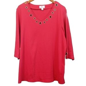 Quacker Factory Soft Cotton Pullover Top Red Plus Size 1X